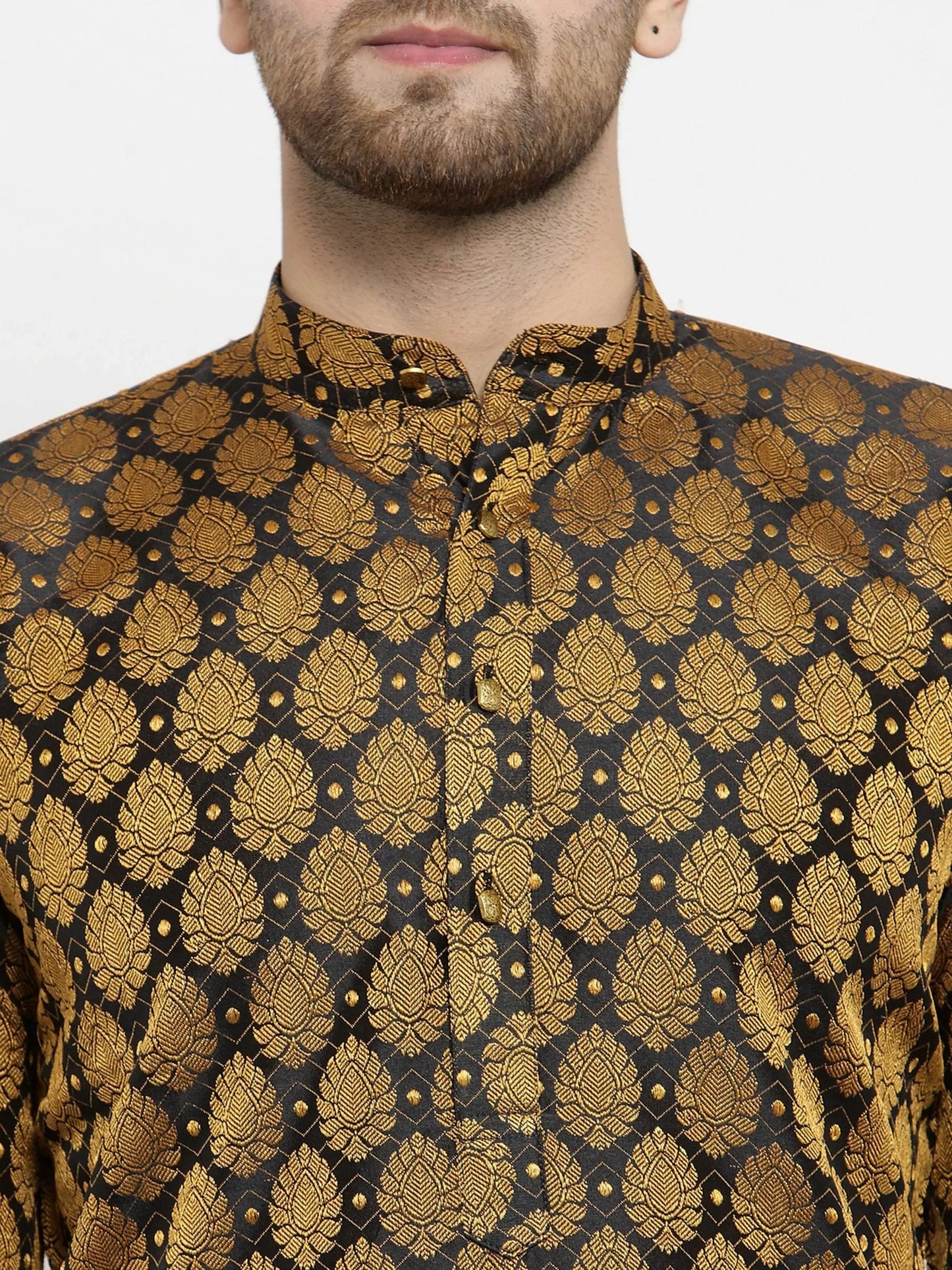 Jompers Men's Black-Colored & Golden Self Design Kurta with Churidar