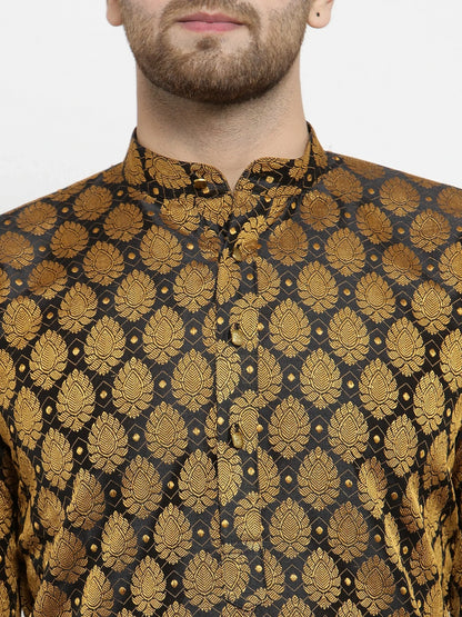 Jompers Men's Black-Colored & Golden Self Design Kurta with Churidar