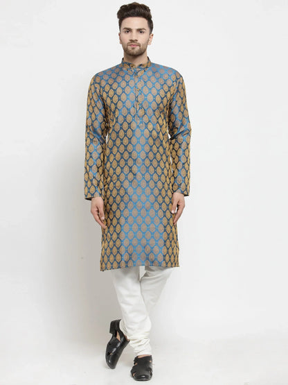 Jompers Men's Blue-Colored & Golden Self Design Kurta Only