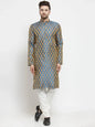 Jompers Men's Blue-Colored & Golden Self Design Kurta with Churidar