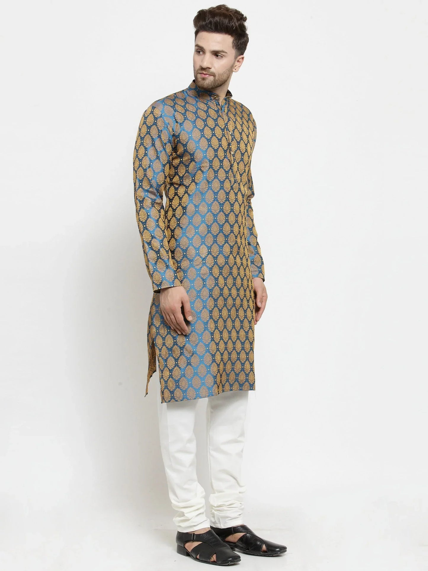 Jompers Men's Blue-Colored & Golden Self Design Kurta with Churidar