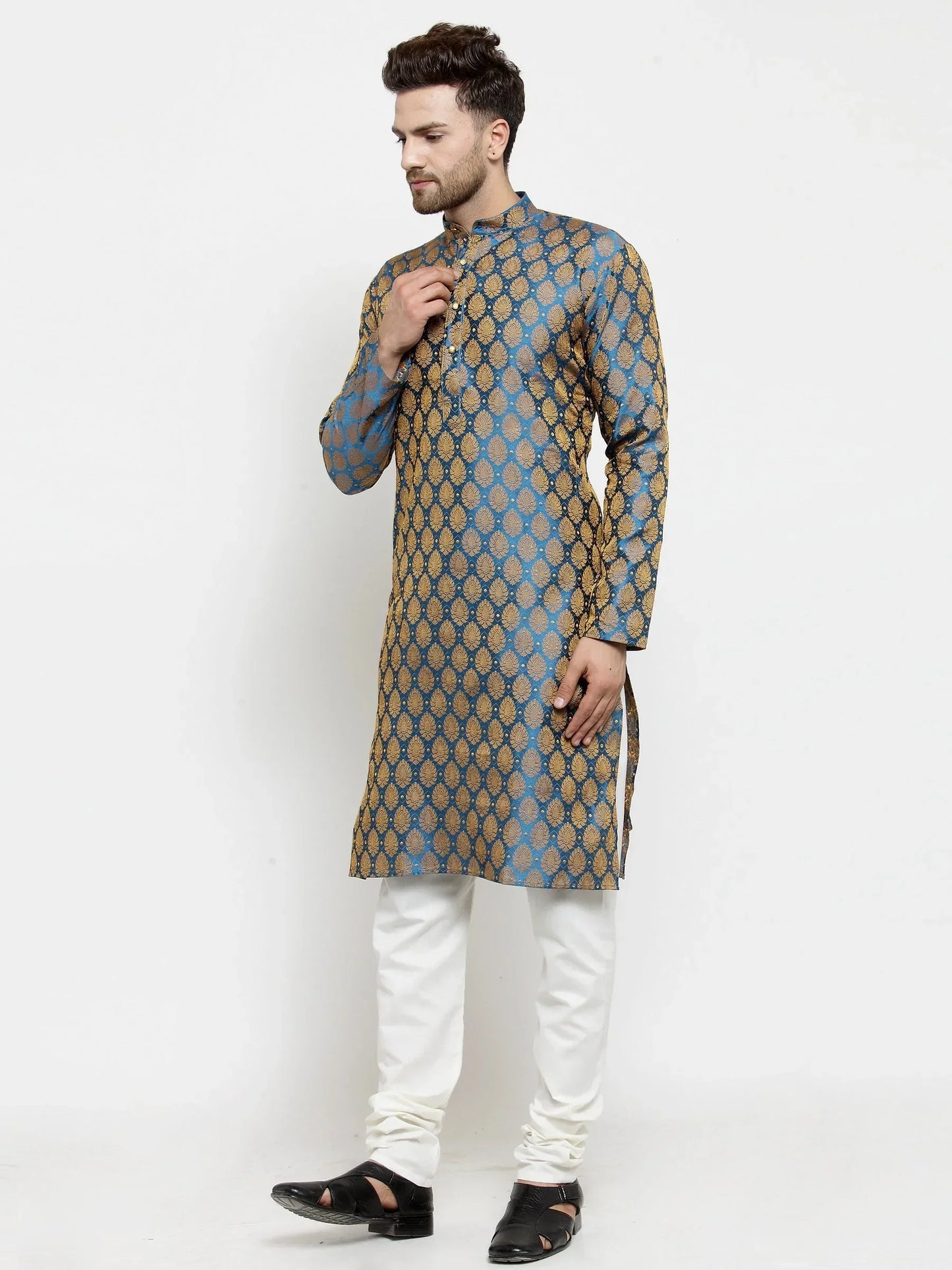 Jompers Men's Blue-Colored & Golden Self Design Kurta Only