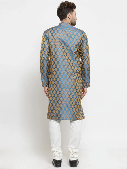 Jompers Men's Blue-Colored & Golden Self Design Kurta Only