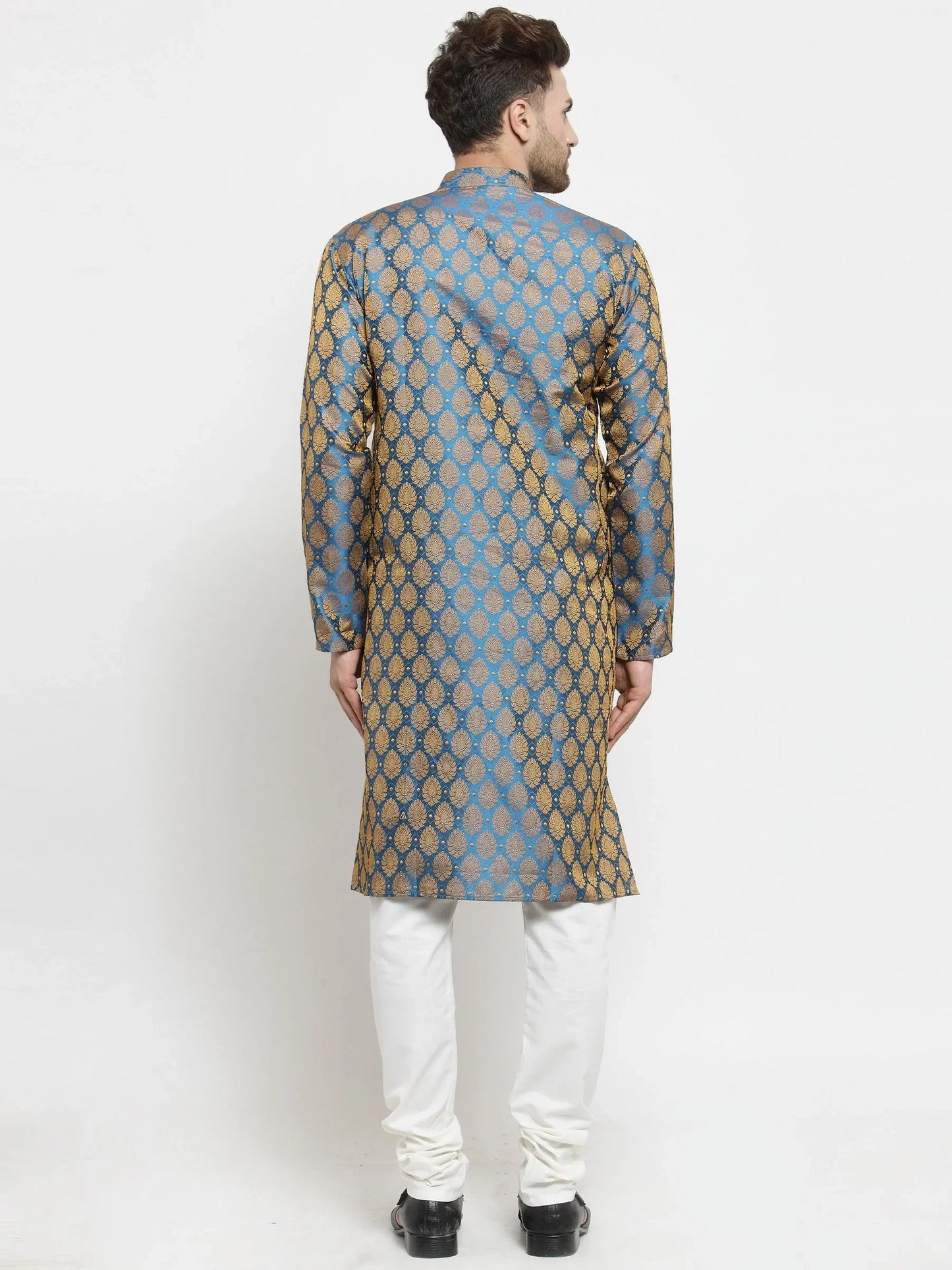 Jompers Men's Blue-Colored & Golden Self Design Kurta with Churidar