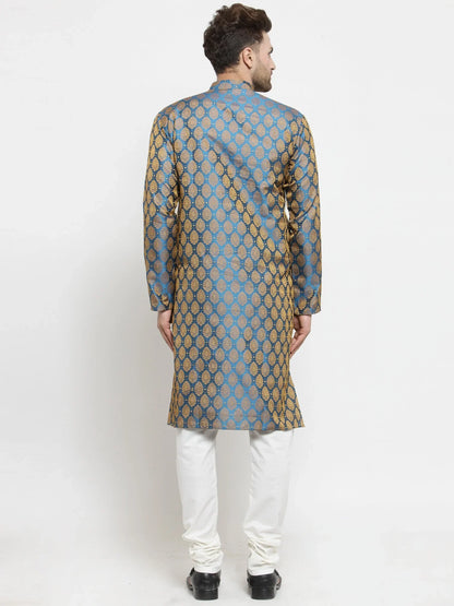 Jompers Men's Blue-Colored & Golden Self Design Kurta with Churidar
