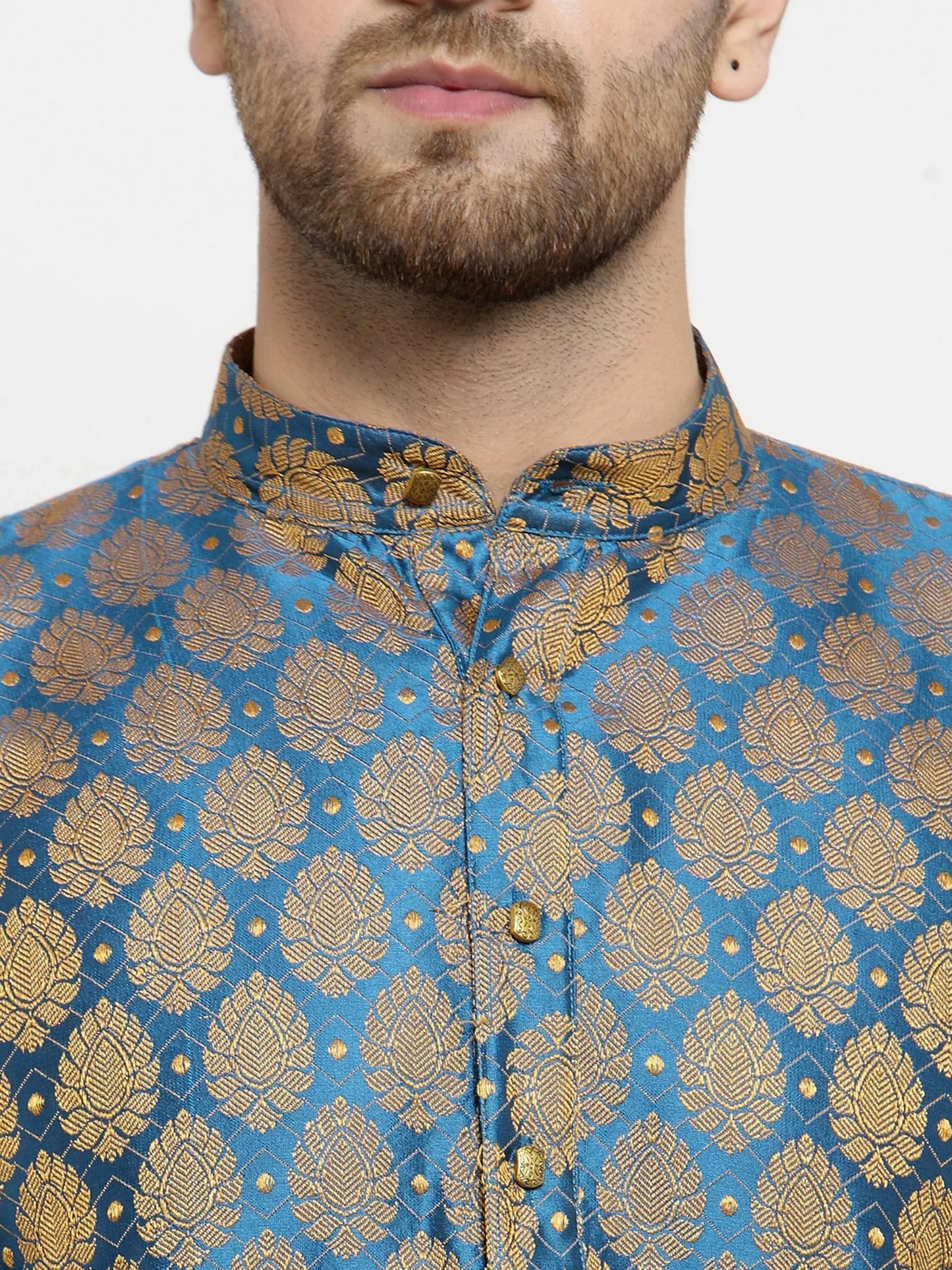 Jompers Men's Blue-Colored & Golden Self Design Kurta with Churidar