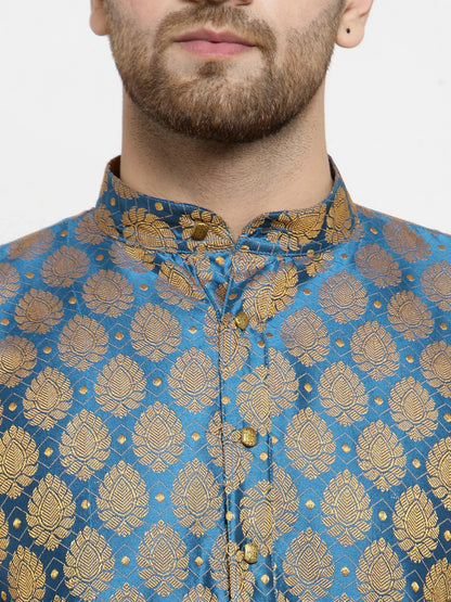 Jompers Men's Blue-Colored & Golden Self Design Kurta with Churidar