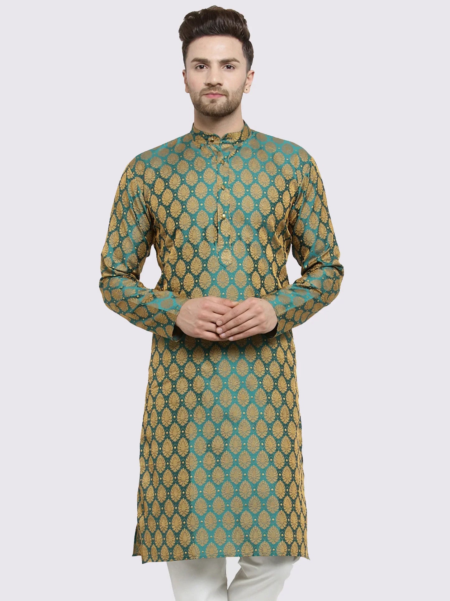 Jompers Men's Green-Colored & Golden Self Design Kurta Only