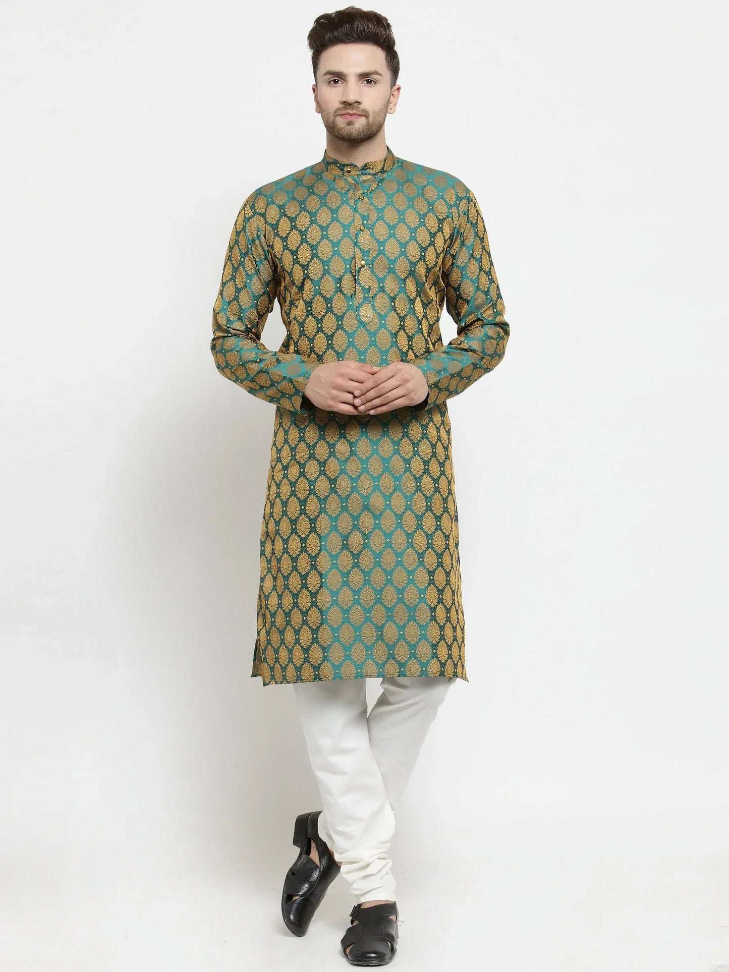 Jompers Men's Green-Colored & Golden Self Design Kurta with Churidar