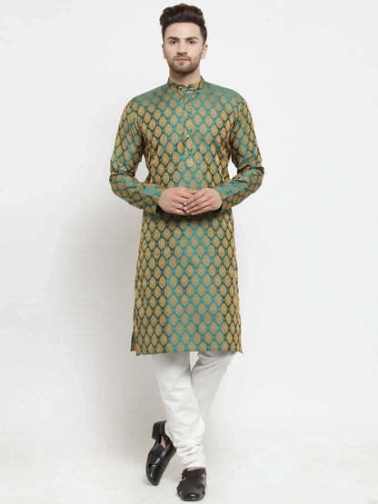 Jompers Men's Green-Colored & Golden Self Design Kurta with Churidar