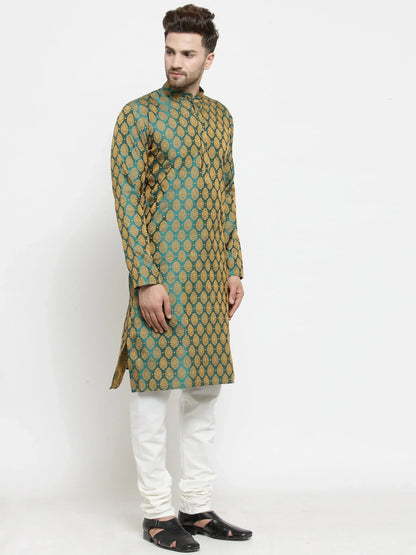 Jompers Men's Green-Colored & Golden Self Design Kurta Only