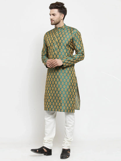 Jompers Men's Green-Colored & Golden Self Design Kurta Only