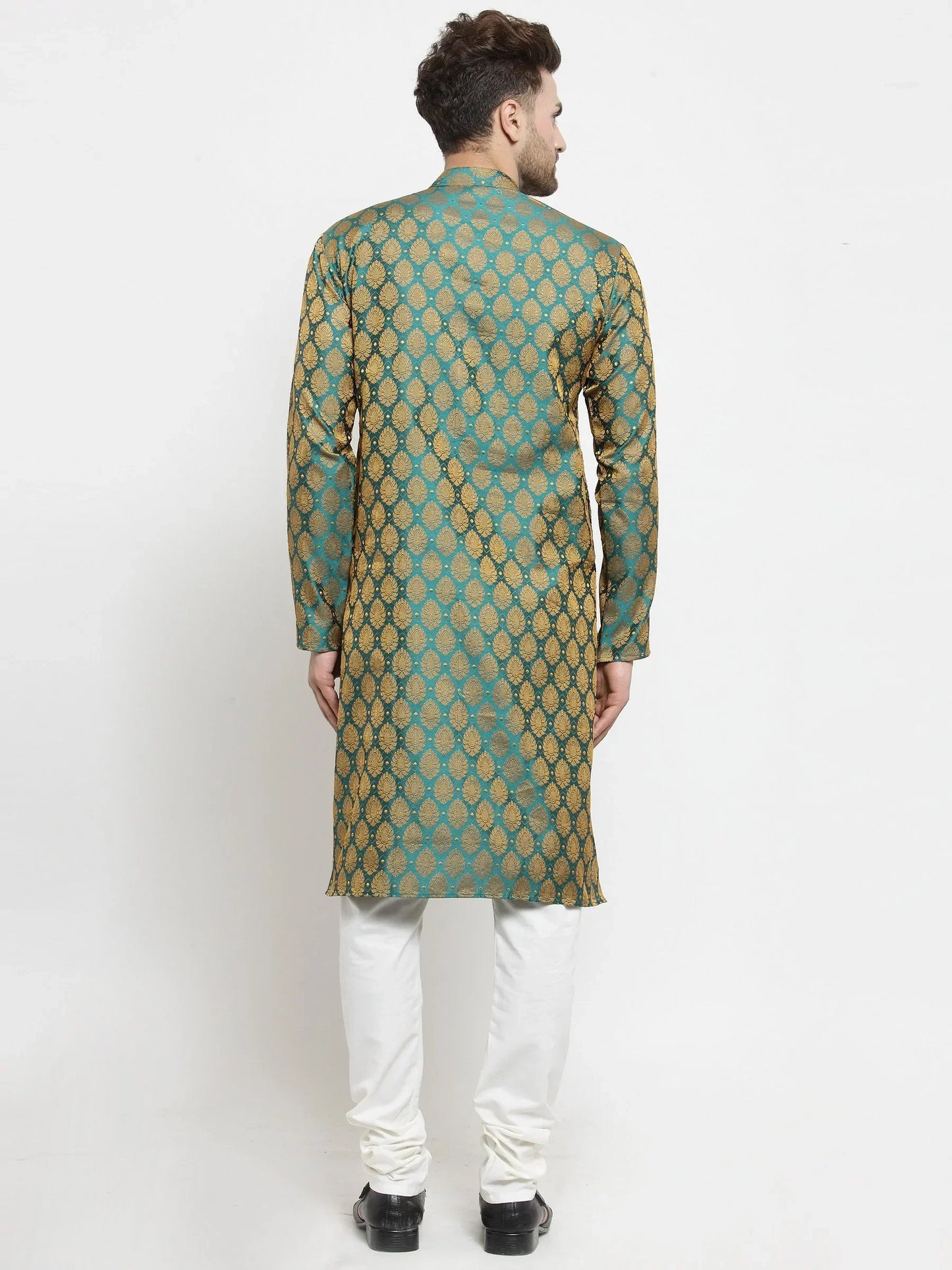 Jompers Men's Green-Colored & Golden Self Design Kurta with Churidar