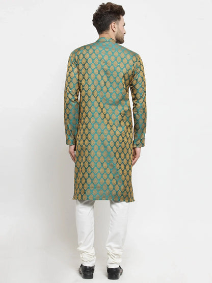 Jompers Men's Green-Colored & Golden Self Design Kurta with Churidar