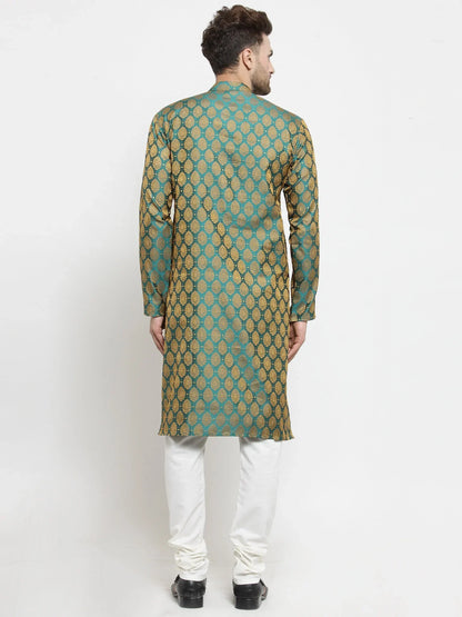 Jompers Men's Green-Colored & Golden Self Design Kurta Only