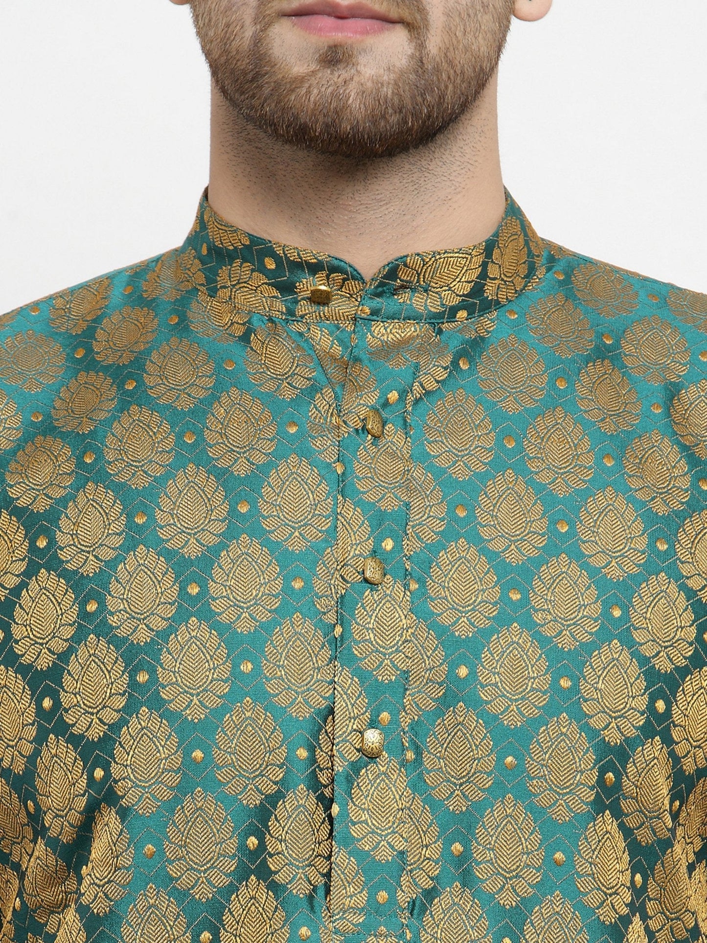 Jompers Men's Green-Colored & Golden Self Design Kurta with Churidar