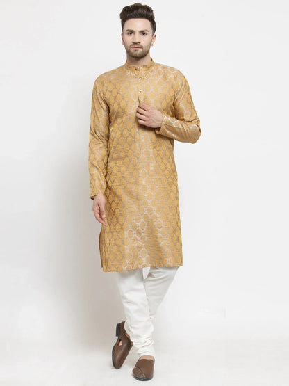 Jompers Men's Silver-Colored & Golden Self Design Kurta with Churidar