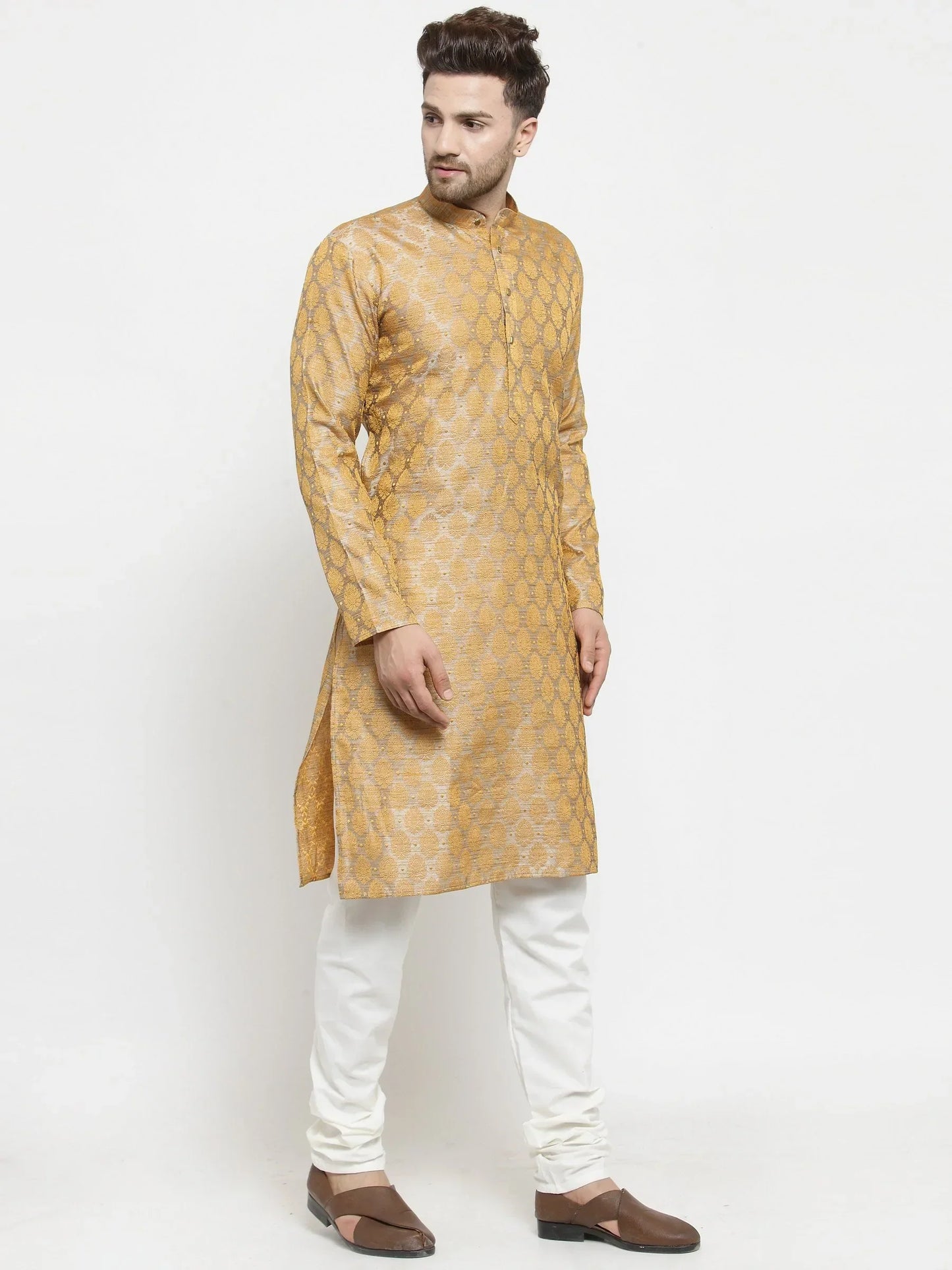 Jompers Men's Silver-Colored & Golden Self Design Kurta with Churidar