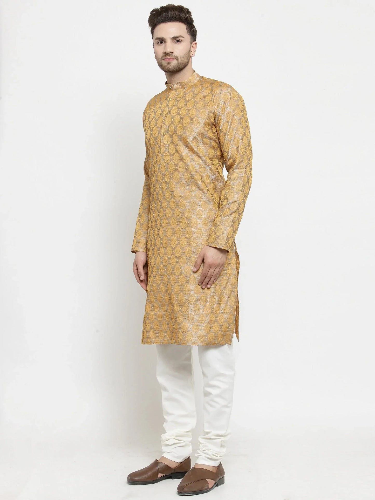 Jompers Men's Silver-Colored & Golden Self Design Kurta Only