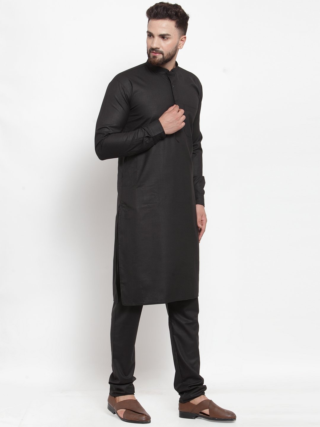 Jompers Men Black Solid Mandarin Collar Kurta with Churidar