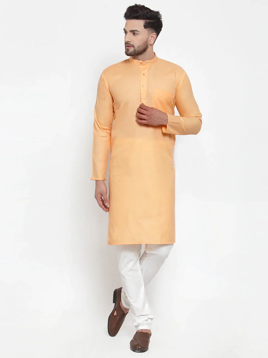 Jompers Men's Orange Cotton Solid Kurta Payjama Sets