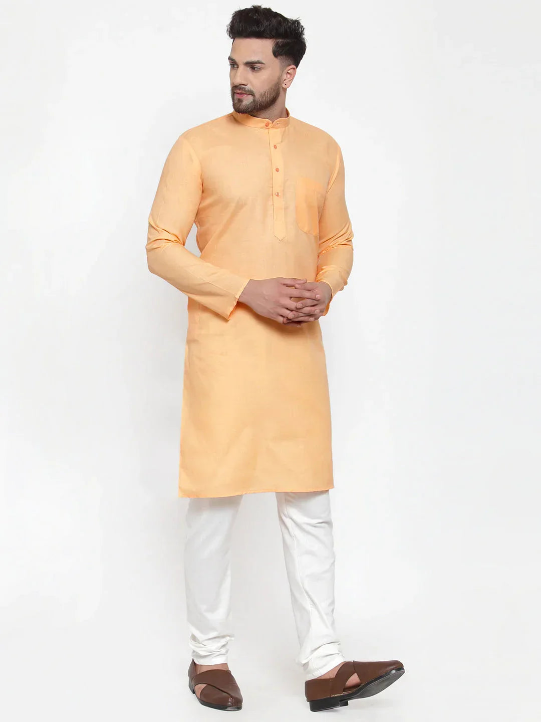 Jompers Men's Orange Cotton Solid Kurta Payjama Sets