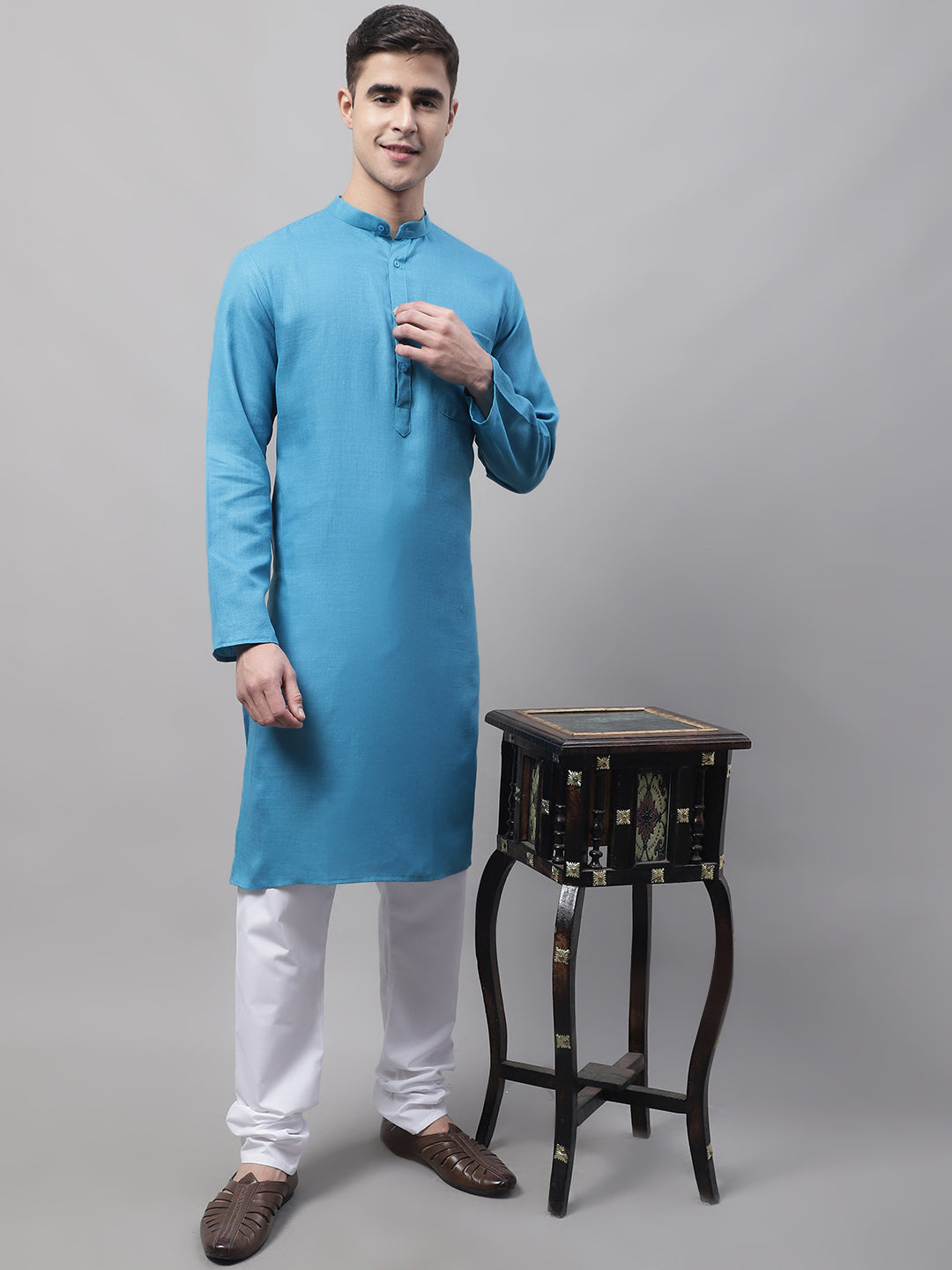 Jompers Men's Cotton Solid Kurta Payjama Sets - Teal
