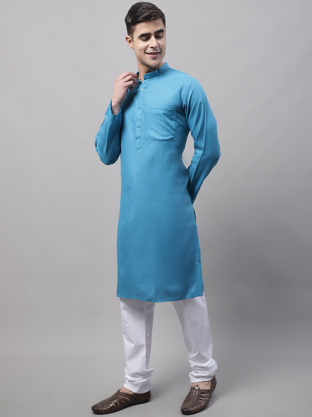 Jompers Men's Cotton Solid Kurta Payjama Sets - Teal