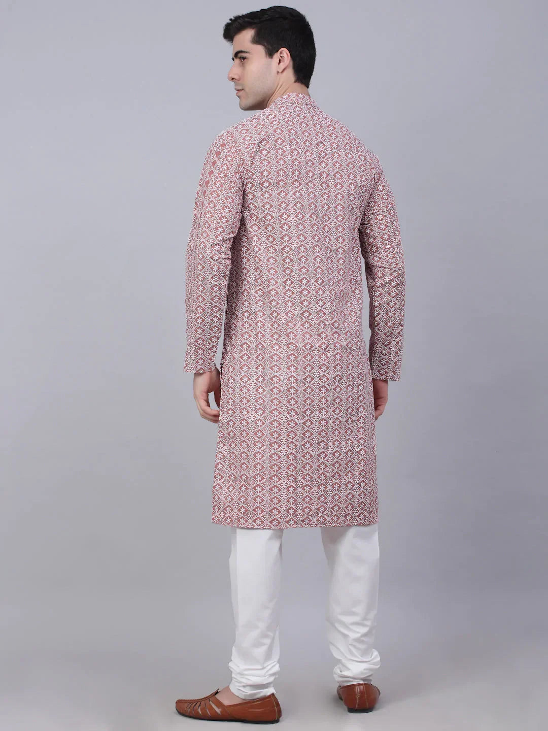 Jompers Men's Coral Red & White Embroidered Straight Kurta Pyjama Set