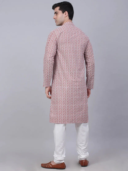 Jompers Men's Coral Red & White Embroidered Straight Kurta Pyjama Set
