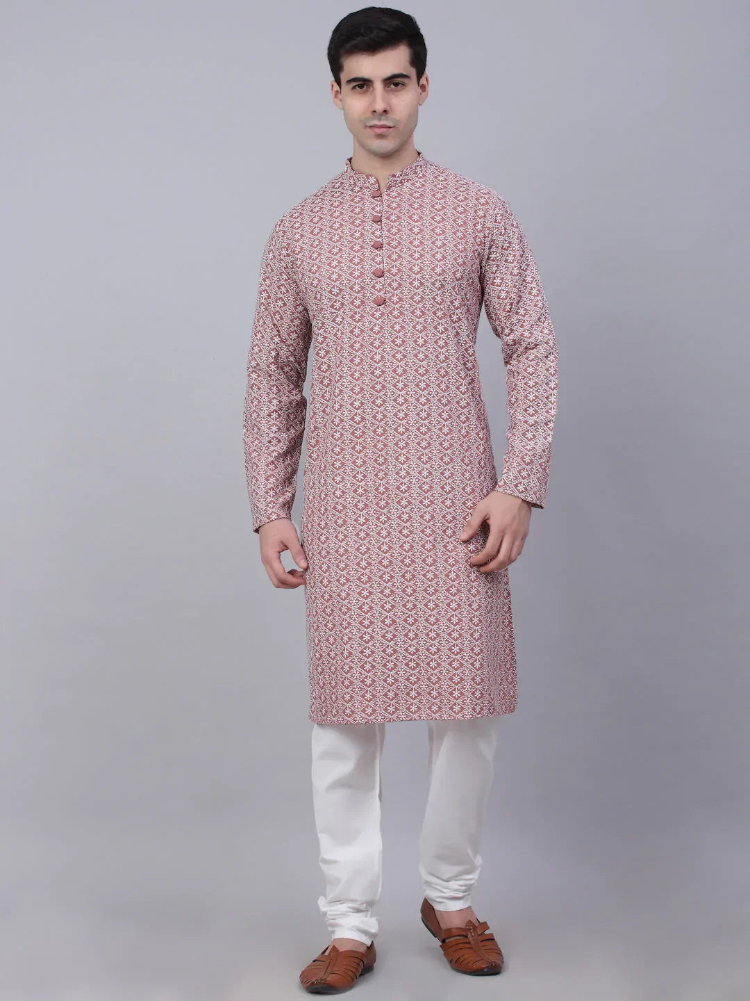 Jompers Men's Coral Red & White Embroidered Straight Kurta Pyjama Set