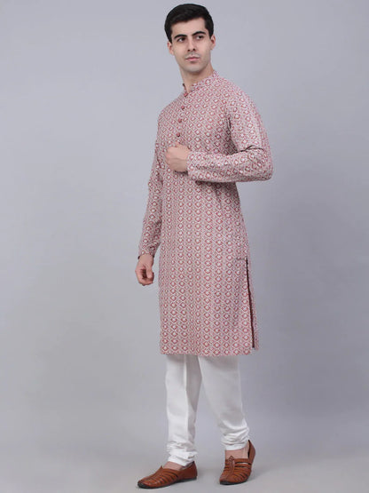 Jompers Men's Coral Red & White Embroidered Straight Kurta Pyjama Set