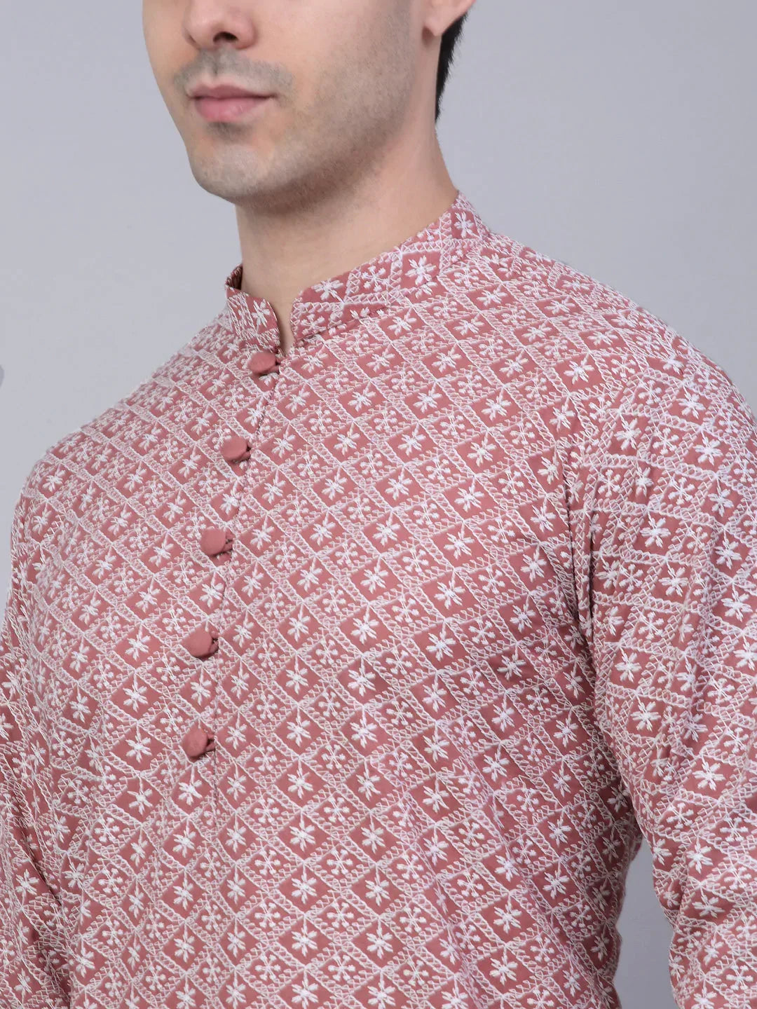 Jompers Men's Coral Red & White Embroidered Straight Kurta Pyjama Set