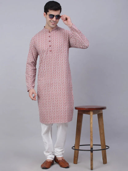 Jompers Men's Coral Red & White Embroidered Straight Kurta Pyjama Set