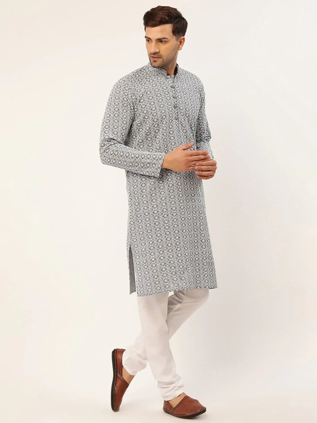 Jompers Men's Grey & White Embroidered Straight Kurta Pyjama Set