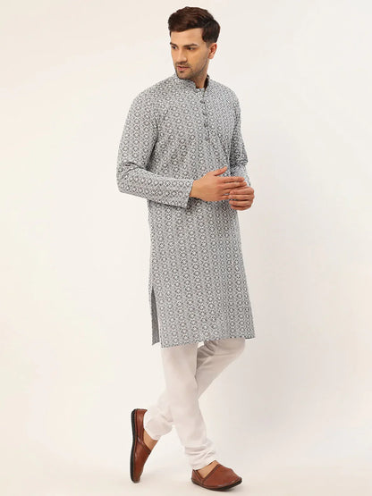 Jompers Men's Grey & White Embroidered Straight Kurta Pyjama Set