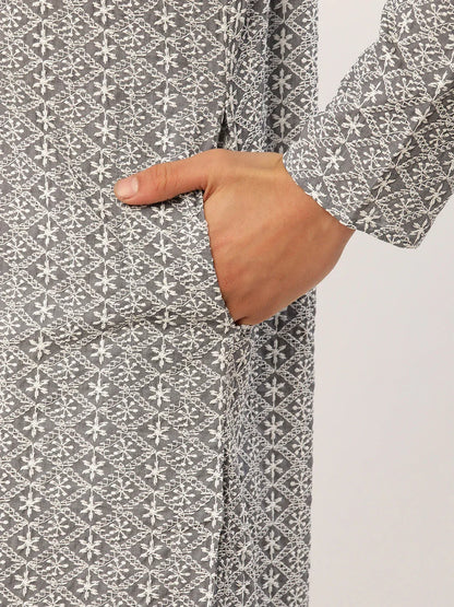 Jompers Men's Grey & White Embroidered Straight Kurta Pyjama Set