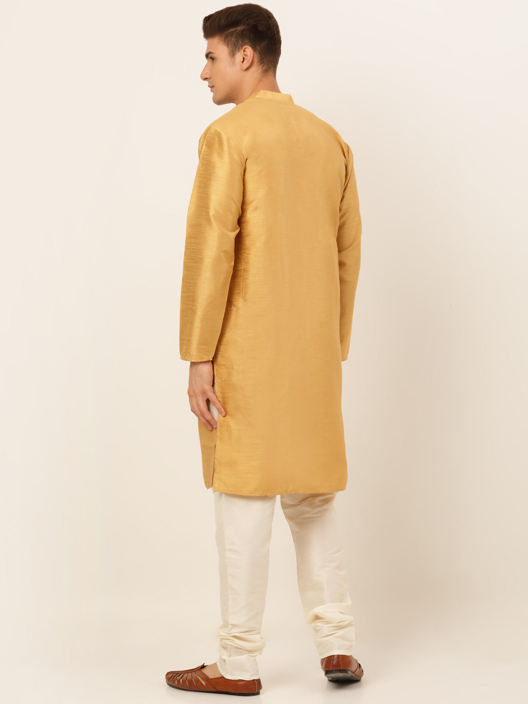 Jompers Men's Solid Dupion Silk Kurta Payjama Set - Dark-Golden