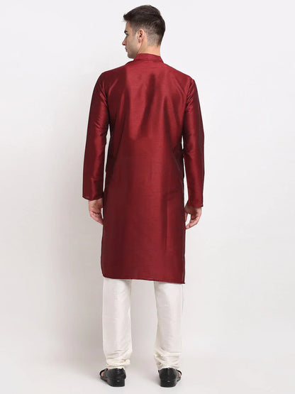 Jompers Men's Maroon Solid Dupion Silk Kurta Payjama Set