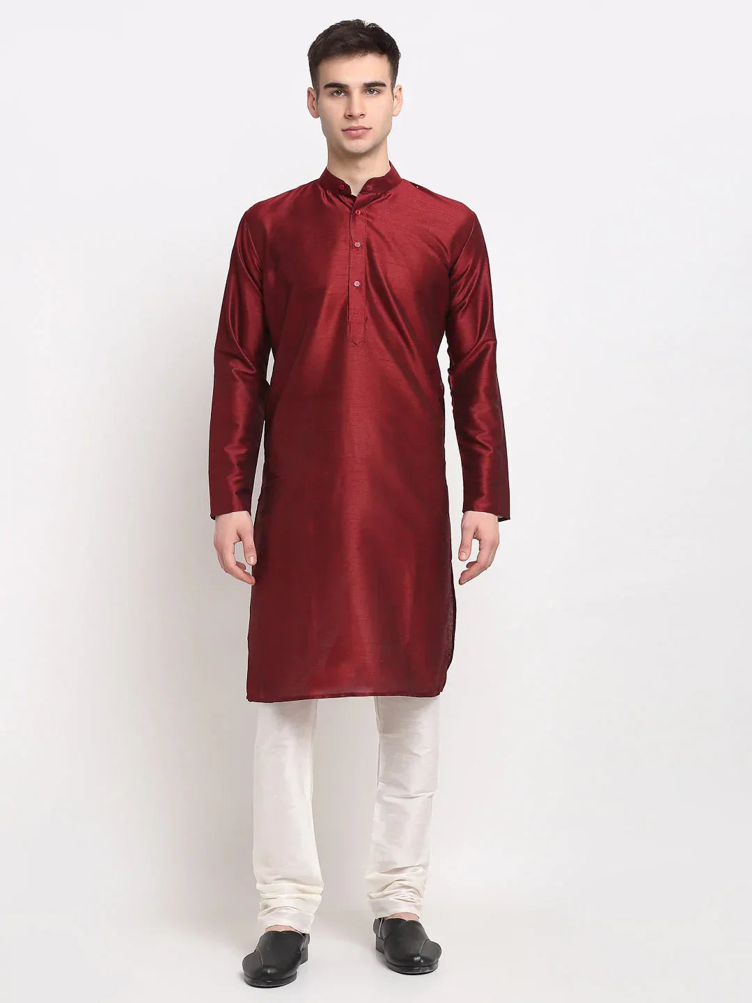 Jompers Men's Maroon Solid Dupion Silk Kurta Payjama Set