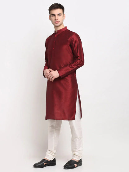 Jompers Men's Maroon Solid Dupion Silk Kurta Payjama Set