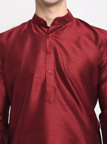 Jompers Men's Maroon Solid Dupion Silk Kurta Payjama Set