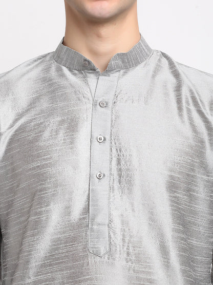 Jompers Men's Silver Solid Dupion Silk Kurta Only