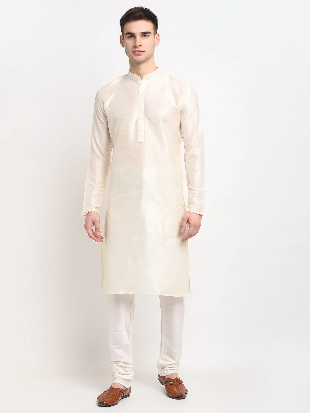 Jompers Men's White Solid Dupion Silk Kurta Payjama Set