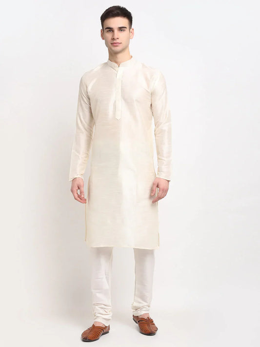 Jompers Men's White Solid Dupion Silk Kurta Payjama Set