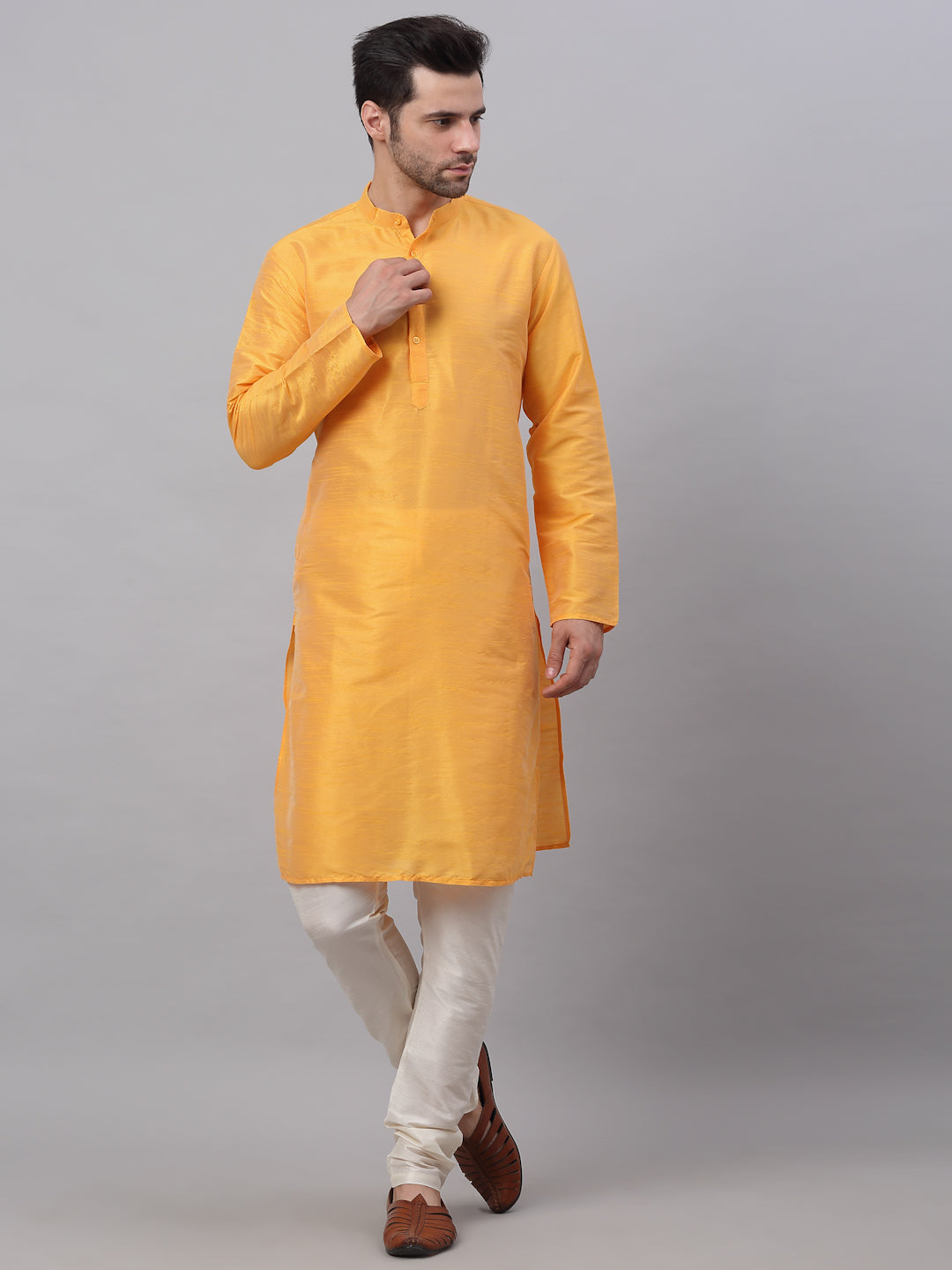 Jompers Men's Solid Dupion Silk Kurta Payjama Set - Yellow