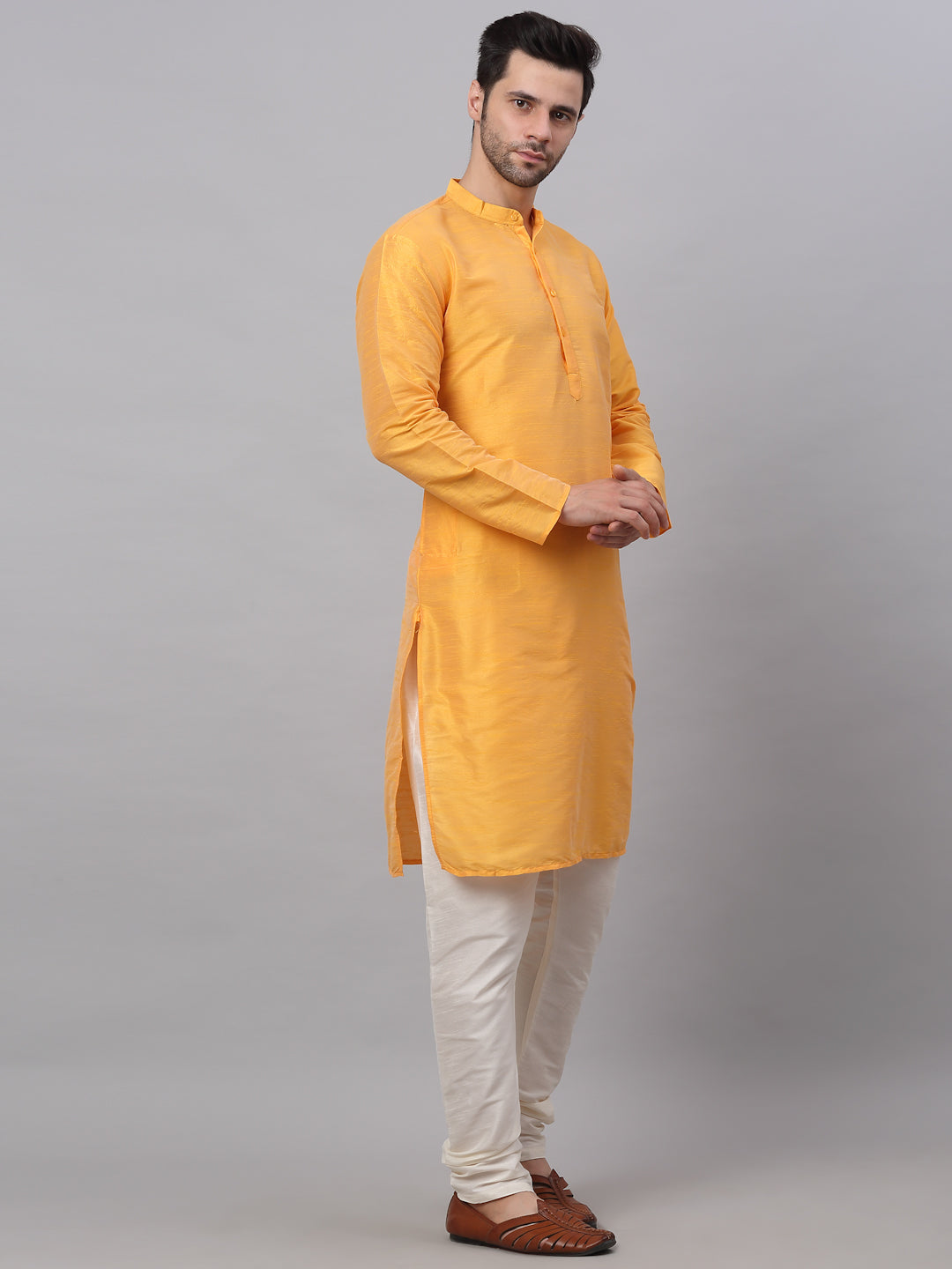Jompers Men's Solid Dupion Silk Kurta Payjama Set - Yellow