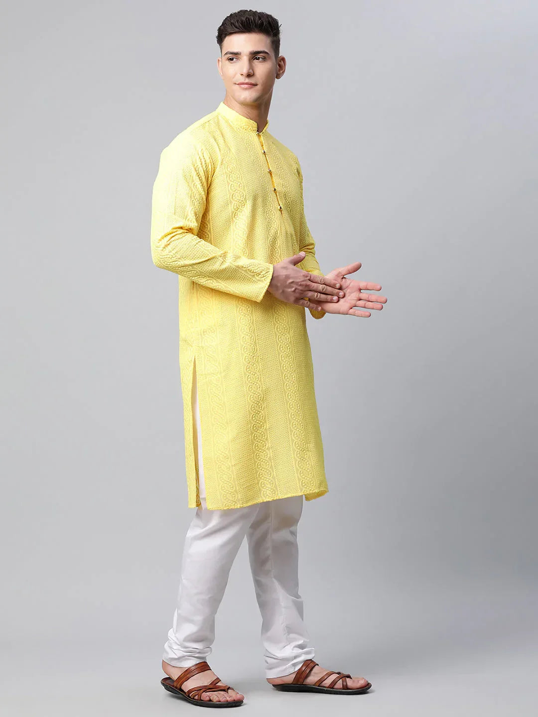 Jompers Men's Embroiderd Kurta Pajama - Lemon