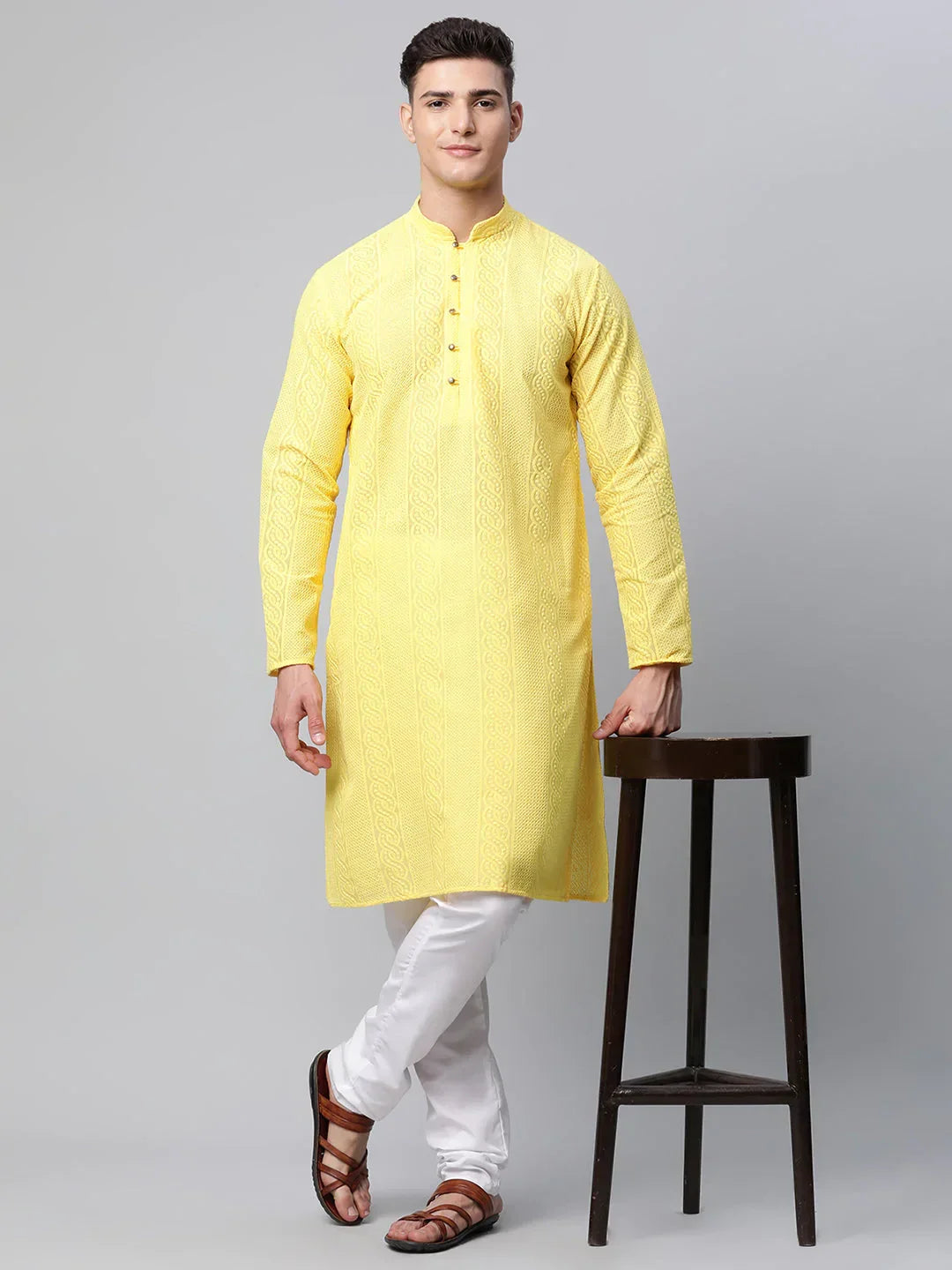 Jompers Men's Embroiderd Kurta Pajama - Lemon