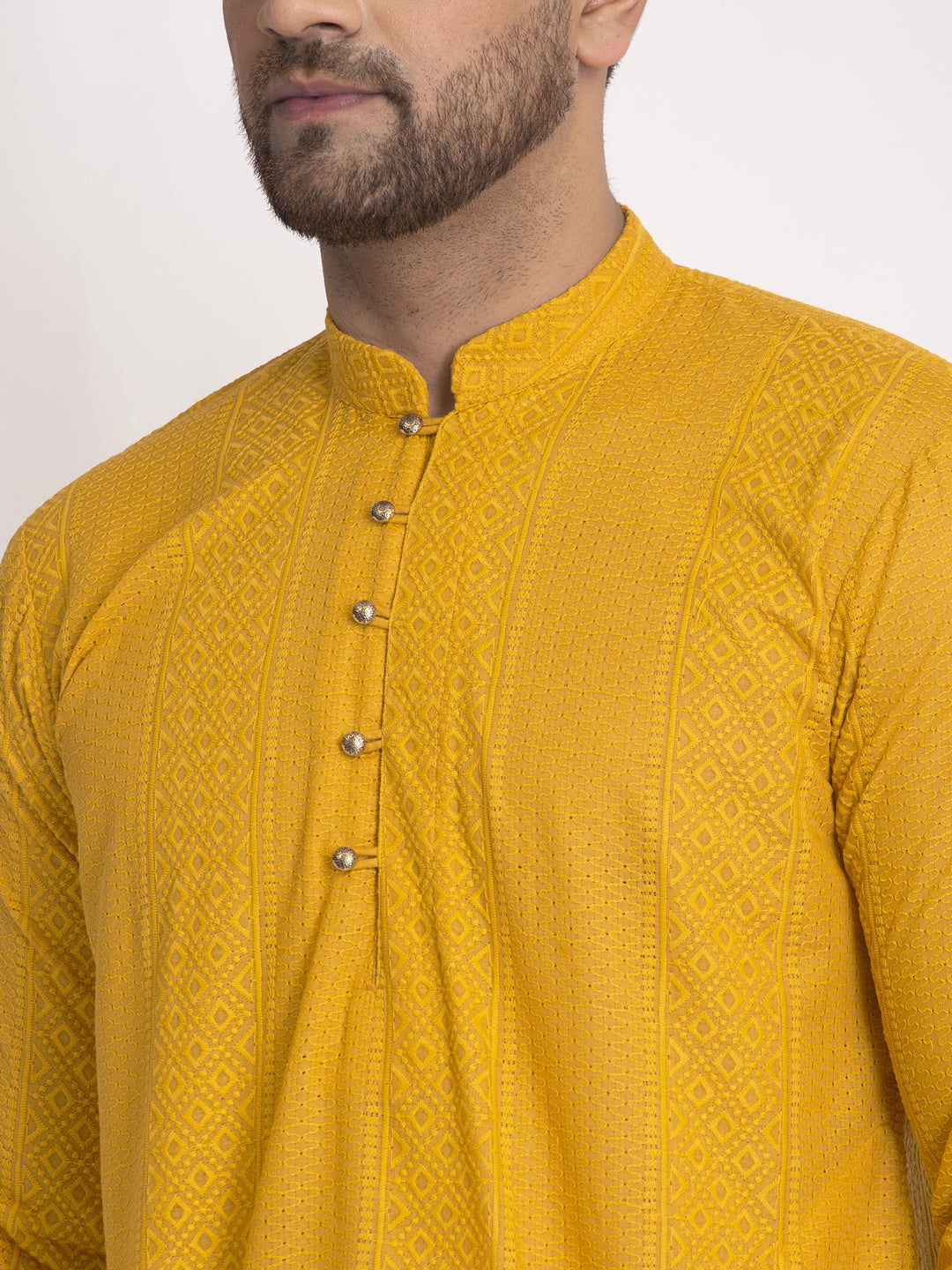 Jompers Men Mustard Embroidered Kurta with Pyjamas